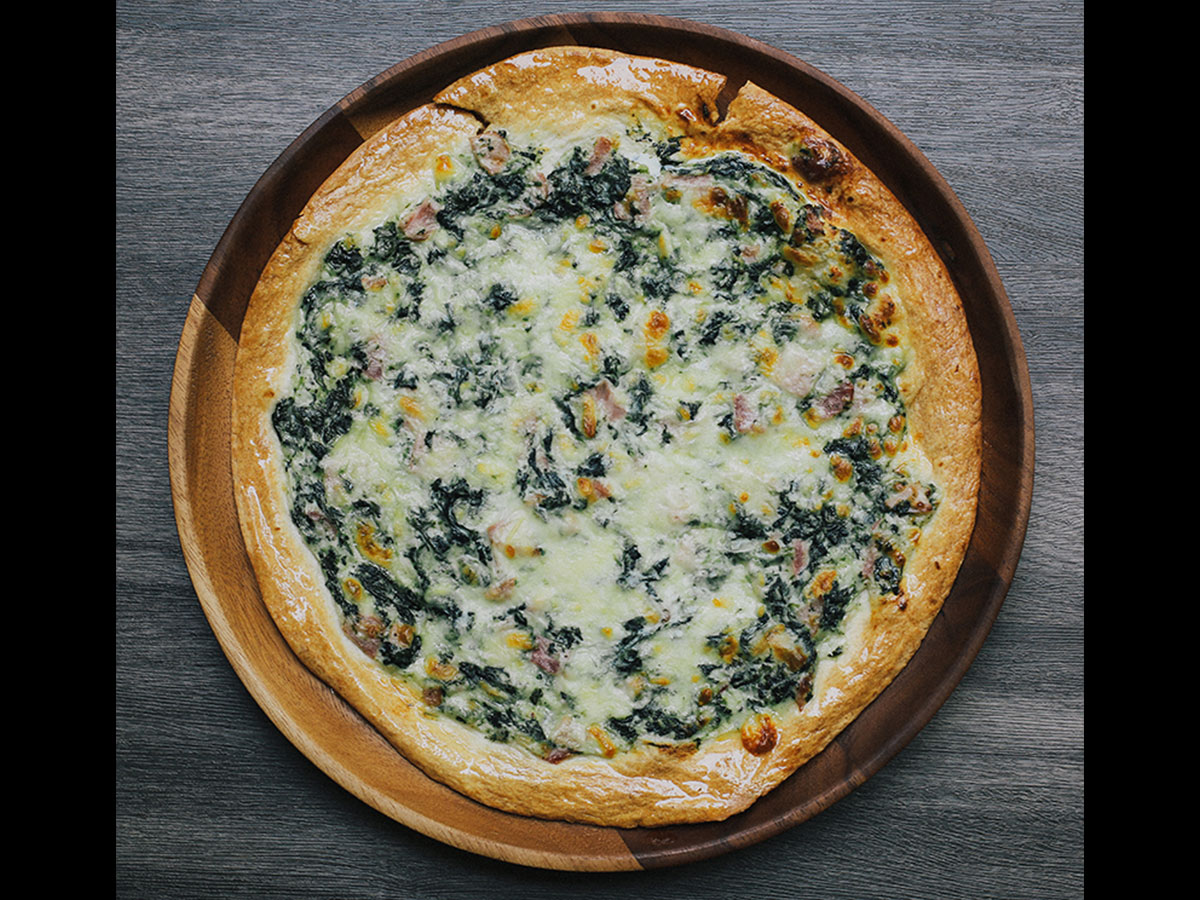 Spinach, ham, Cheese, Pizza